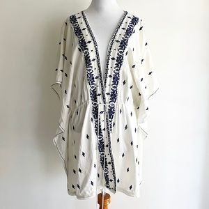 Zara Medium Embroidered Kimono Jacket Tie White Navy Blue Boho Cover Up